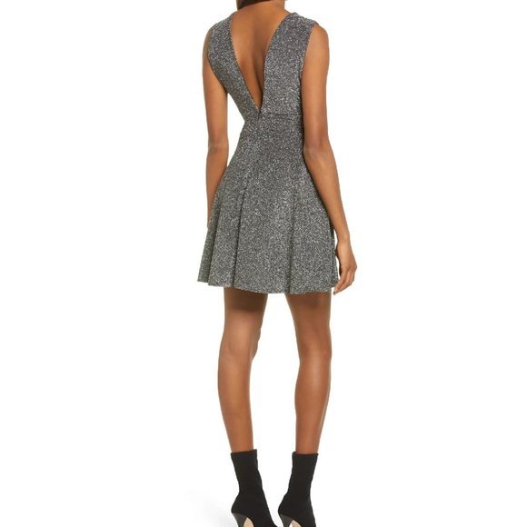 🎁 FRAICHE BY J Shimmer Deep V-Neck Fit & Flare Minidress - Picture 2 of 6